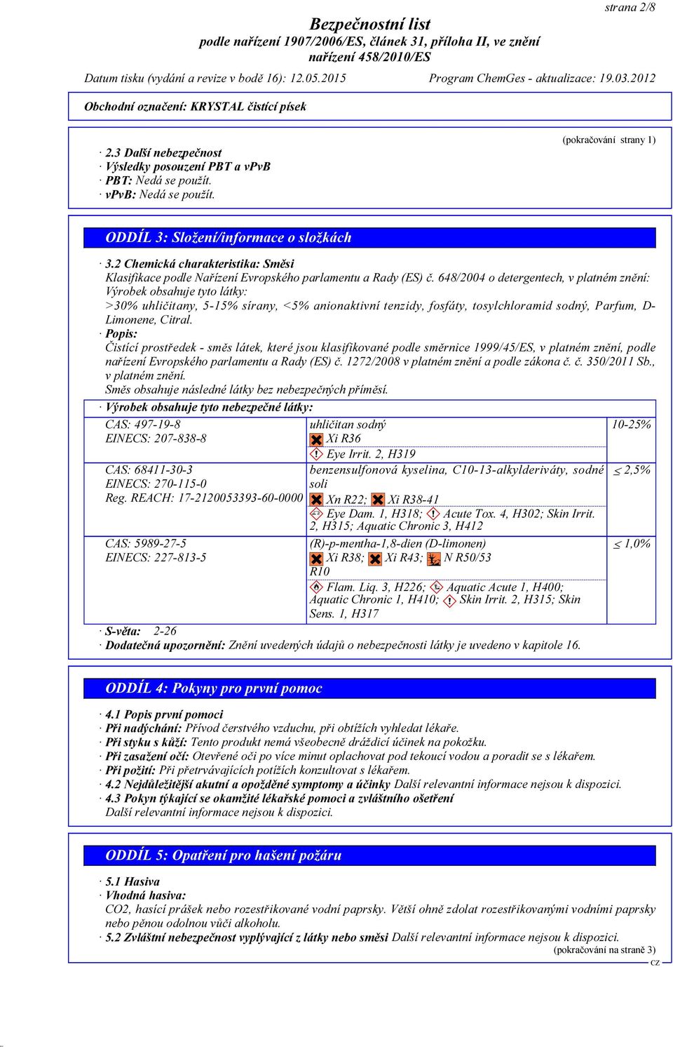 648/2004 o detergentech, v platném znění: Výrobek obsahuje tyto látky: >30% uhličitany, 5-15% sírany, <5% anionaktivní tenzidy, fosfáty, tosylchloramid sodný, Parfum, D- Limonene, Citral.