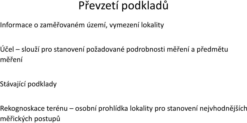 měření a předmětu měření Stávající podklady Rekognoskace