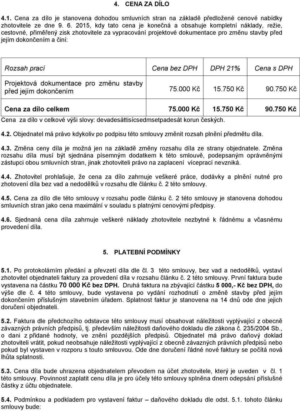 prací Cena bez DPH DPH 21% Cena s DPH Projektová dokumentace pro změnu stavby před jejím dokončením 75.000 Kč 15.750 Kč 90.