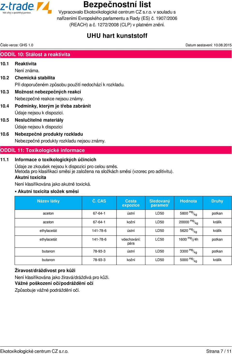 ODDÍL 11: Toxikologické informace 11.1 Informace o toxikologických účincích Údaje ze zkoušek nejsou k dispozici pro celou směs.