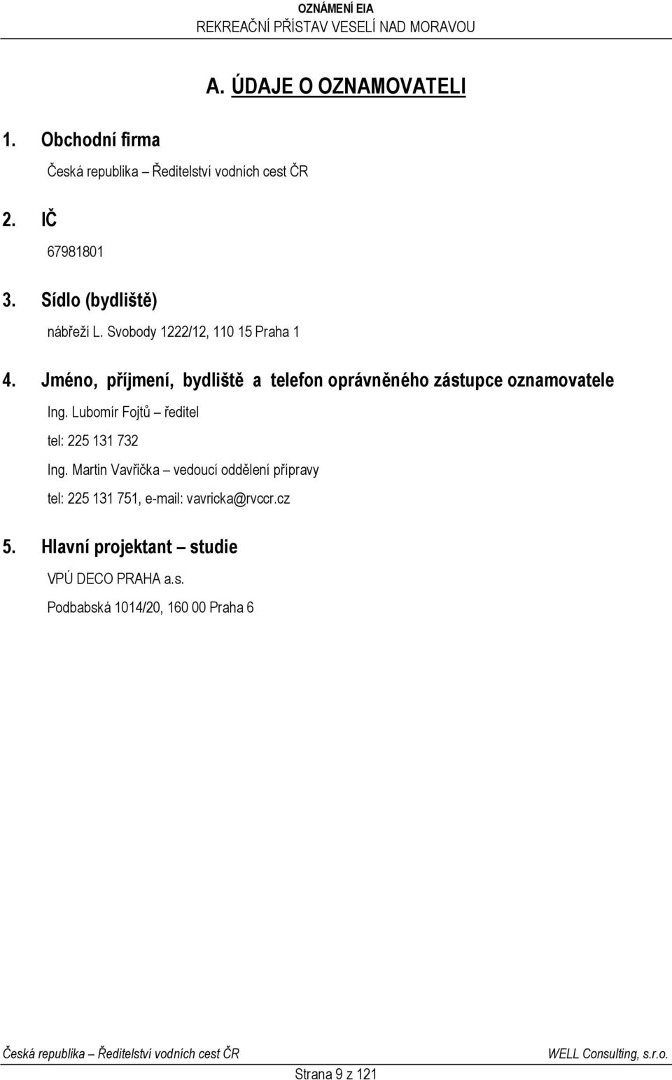 Jméno, příjmení, bydliště a telefon oprávněného zástupce oznamovatele Ing.