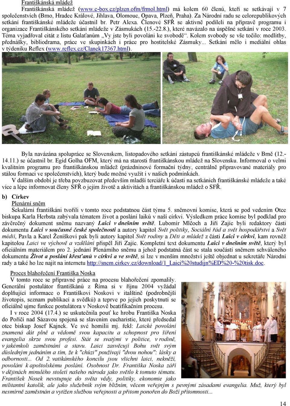 Členové SFŘ se aktivně podíleli na přípravě programu i organizace Františkánského setkání mládeže v Zásmukách (15.-22.8.), které navázalo na úspěšné setkání v roce 2003.