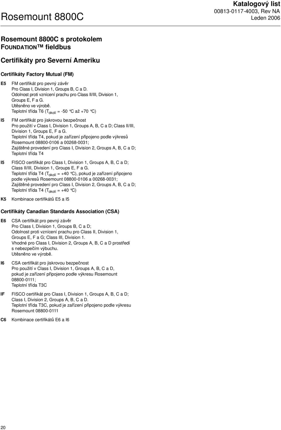 Teplotní třída T6 (T okolí = -50 C až +70 C) FM certifikát pro jiskrovou bezpečnost Pro použití v Class I, Division 1, Groups A, B, C a D; Class II/III, Division 1, Groups E, F a G.