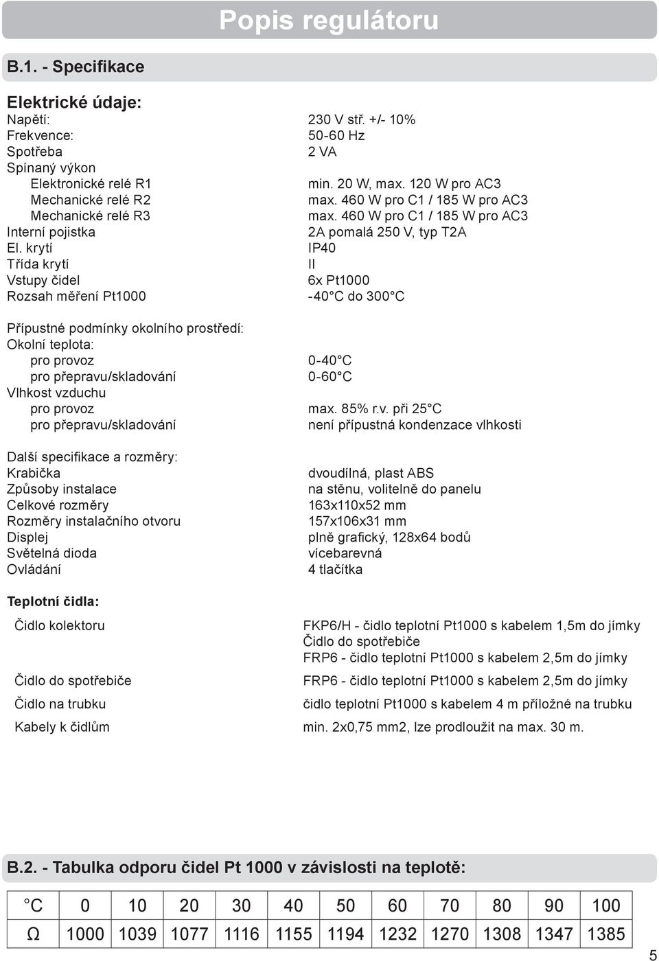 krytí IP40 Třída krytí II Vstupy čidel 6x Pt1000 Rozsah měření Pt1000-40 C do 300 C Přípustné podmínky okolního prostředí: Okolní teplota: pro provoz pro přepravu/skladování Vlhkost vzduchu 0-40 C