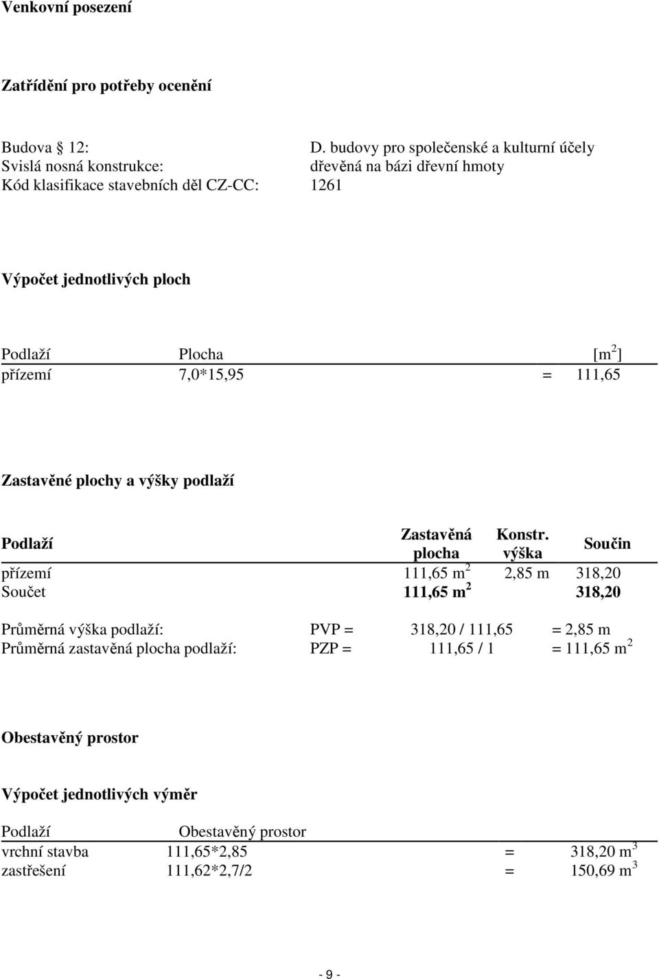 Podlaží Plocha [m 2 ] přízemí 7,0*15,95 = 111,65 Zastavěné plochy a výšky podlaží Zastavěná Konstr.