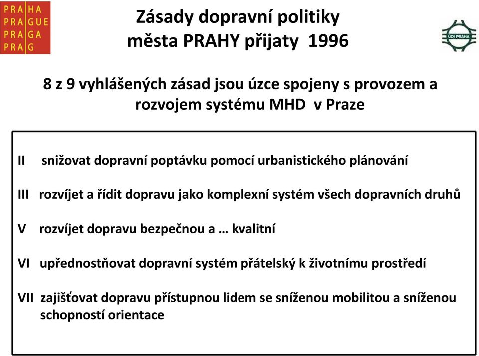 komplexní systém všech dopravních druhů V rozvíjet dopravu bezpečnou a kvalitní VI upřednostňovat dopravní systém