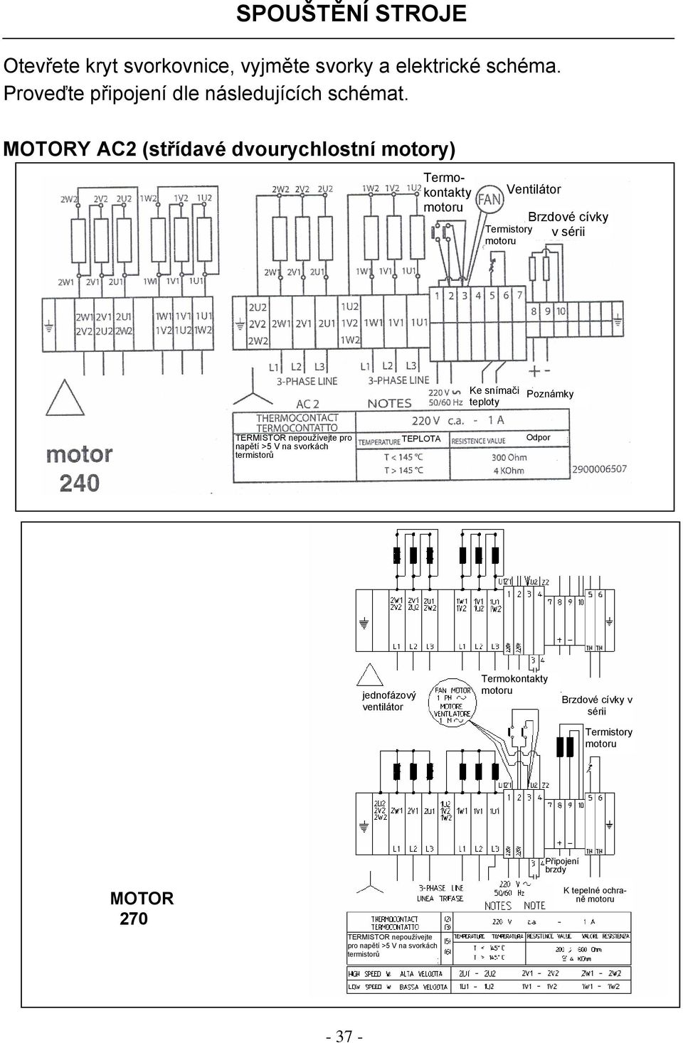 Poznámky TERMISTOR nepoužívejte pro napětí >5 V na svorkách termistorů TEPLOTA Odpor jednofázový ventilátor Termokontakty