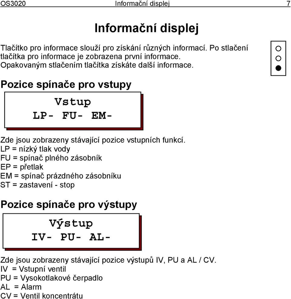 Pozice spínače pro vstupy Vstup LP- FU- EM- Zde jsou zobrazeny stávající pozice vstupních funkcí.