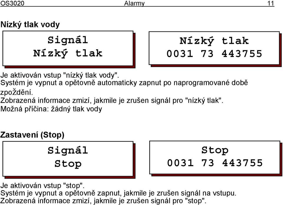 Zobrazená informace zmizí, jakmile je zrušen signál pro "nízký tlak".