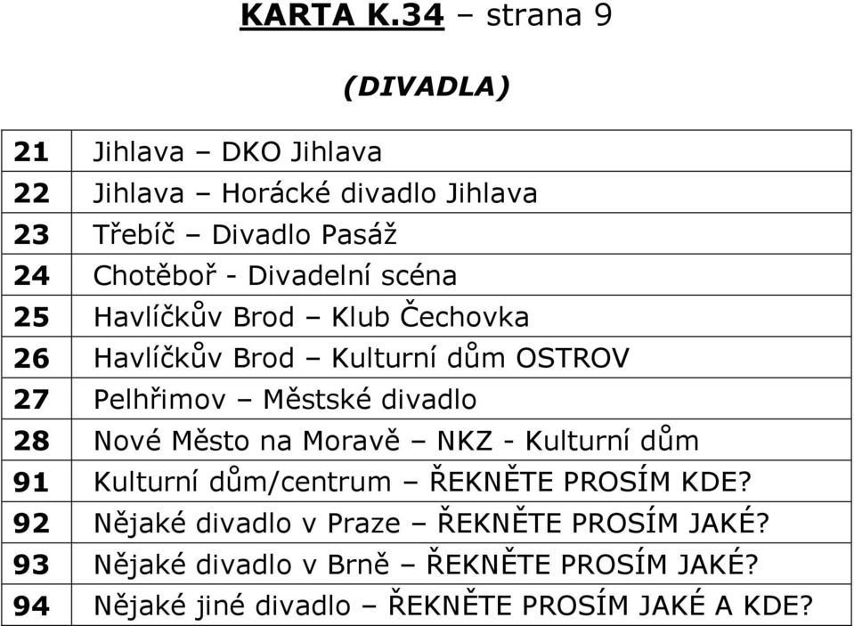 - Divadelní scéna 25 Havlíčk v Brod Klub Čechovka 26 Havlíčk v Brod Kulturní d m OSTROV 27 Pelh imov M stské