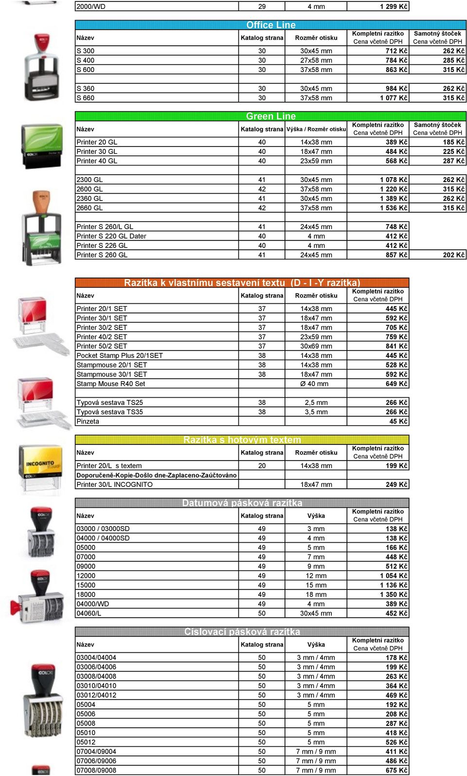 Kč 2360 GL 41 30x45 mm 1 389 Kč 262 Kč 2660 GL 42 37x58 mm 1 536 Kč 315 Kč Printer S 260/L GL 41 24x45 mm 748 Kč Printer S 220 GL Dater 40 4 mm 412 Kč Printer S 226 GL 40 4 mm 412 Kč Printer S 260 GL