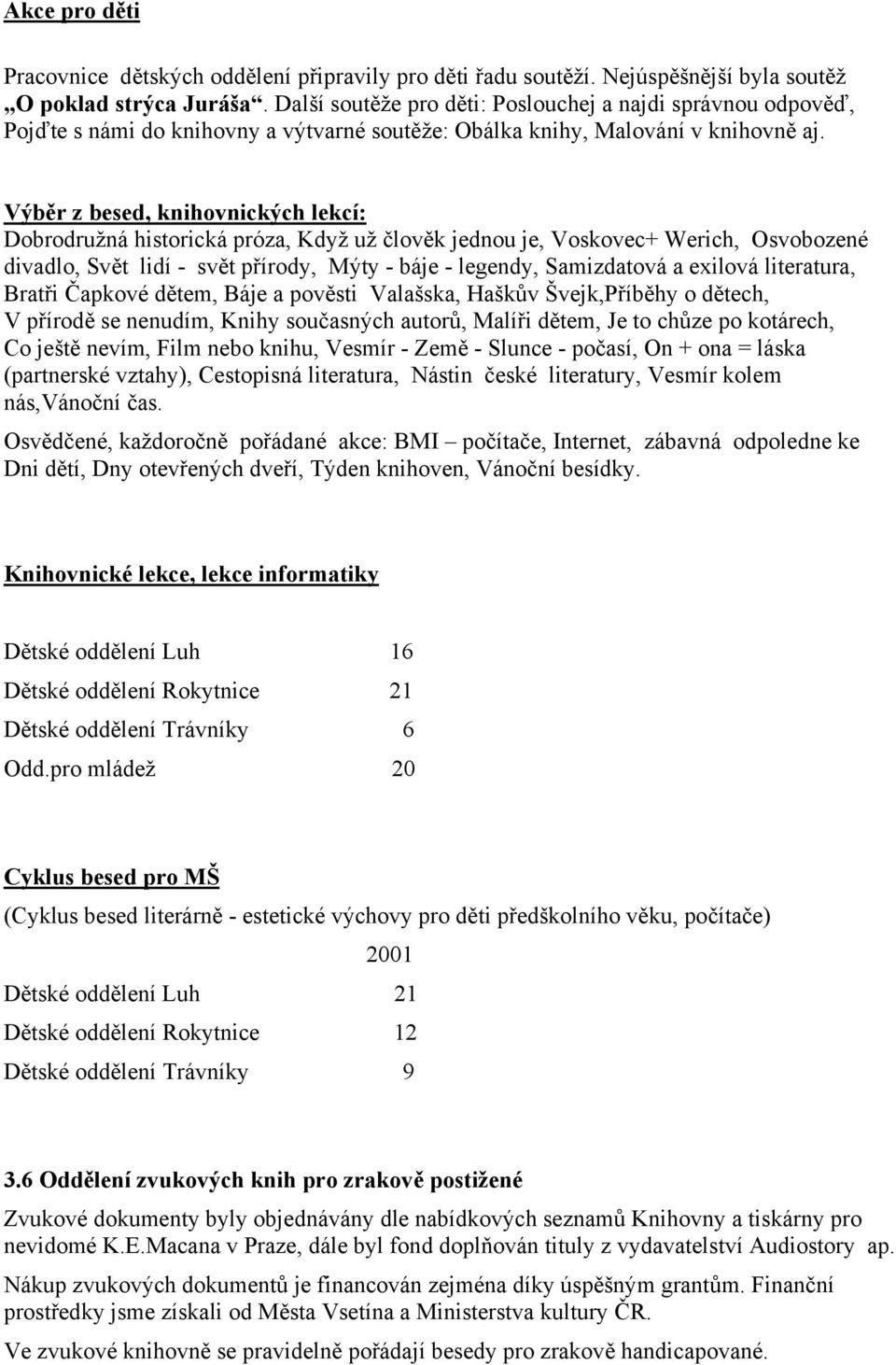 Výběr z besed, knihovnických lekcí: Dobrodružná historická próza, Když už člověk jednou je, Voskovec+ Werich, Osvobozené divadlo, Svět lidí - svět přírody, Mýty - báje - legendy, Samizdatová a