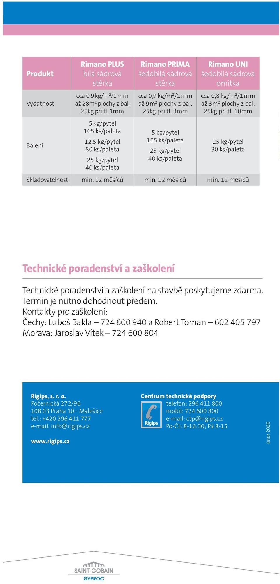 3mm 5 kg/pytel 105 ks/paleta 25 kg/pytel 40 ks/paleta Rimano UNI omítka cca 0,8 kg/m 2 /1 mm až 3m 2 plochy z bal. 25kg při tl. 10mm 25 kg/pytel 30 ks/paleta Skladovatelnost min. 12 měsíců min.