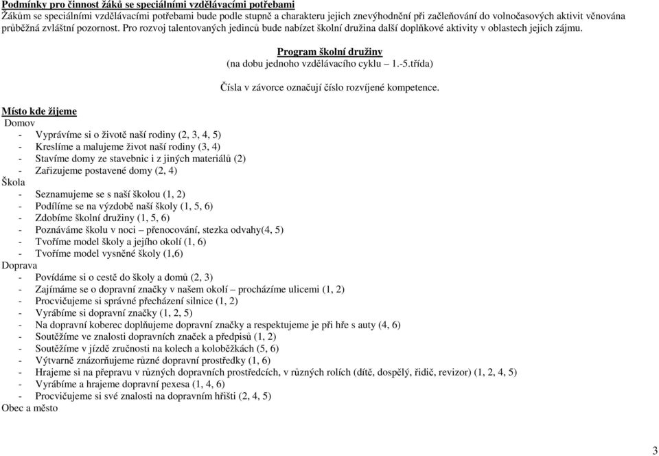 Program školní družiny (na dobu jednoho vzdělávacího cyklu 1.-5.třída) Čísla v závorce označují číslo rozvíjené kompetence.