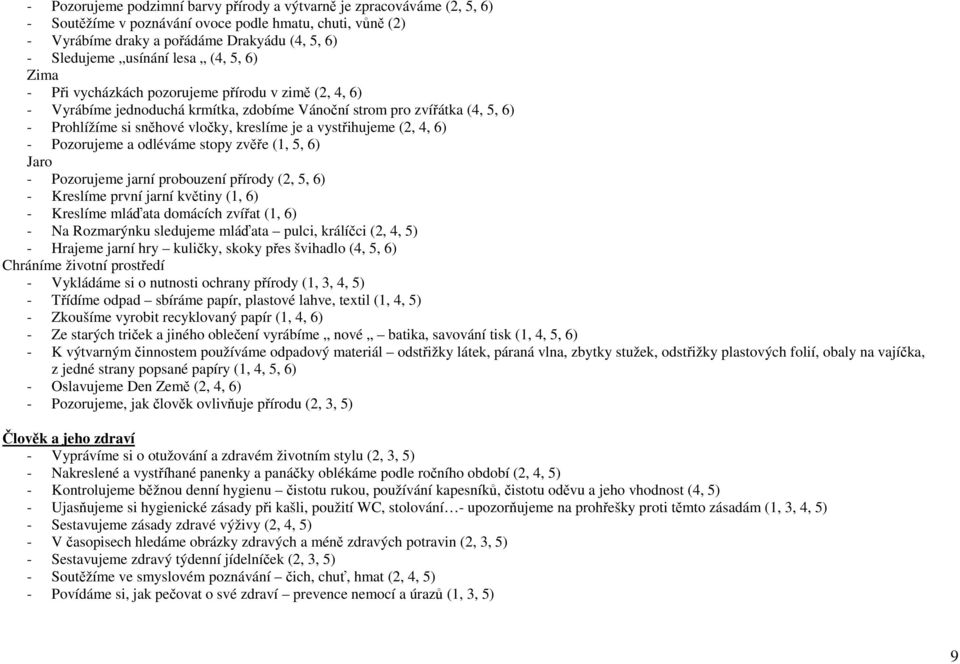 vystřihujeme (2, 4, 6) - Pozorujeme a odléváme stopy zvěře (1, 5, 6) Jaro - Pozorujeme jarní probouzení přírody (2, 5, 6) - Kreslíme první jarní květiny (1, 6) - Kreslíme mláďata domácích zvířat (1,
