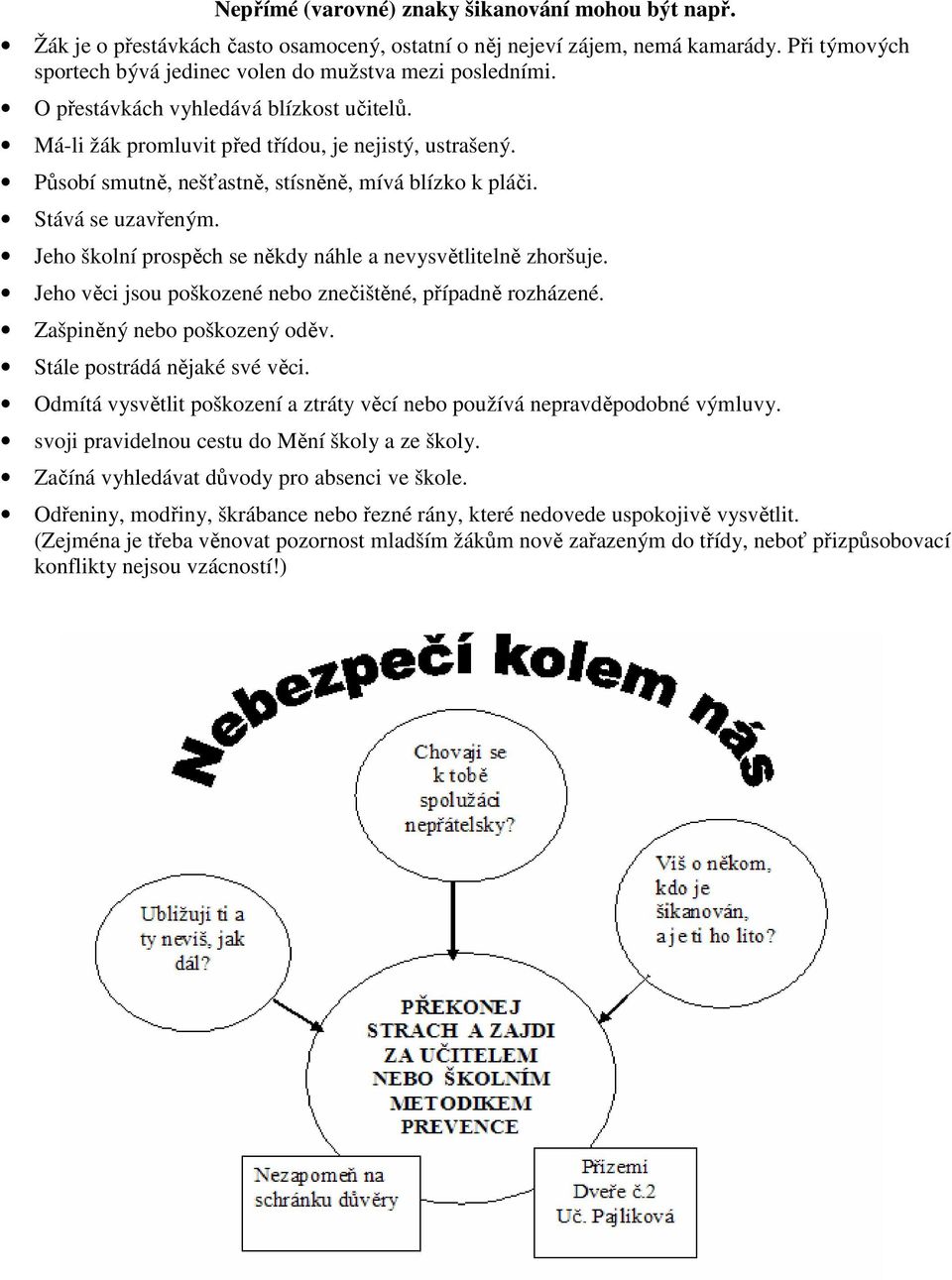 Jeho školní prospěch se někdy náhle a nevysvětlitelně zhoršuje. Jeho věci jsou poškozené nebo znečištěné, případně rozházené. Zašpiněný nebo poškozený oděv. Stále postrádá nějaké své věci.