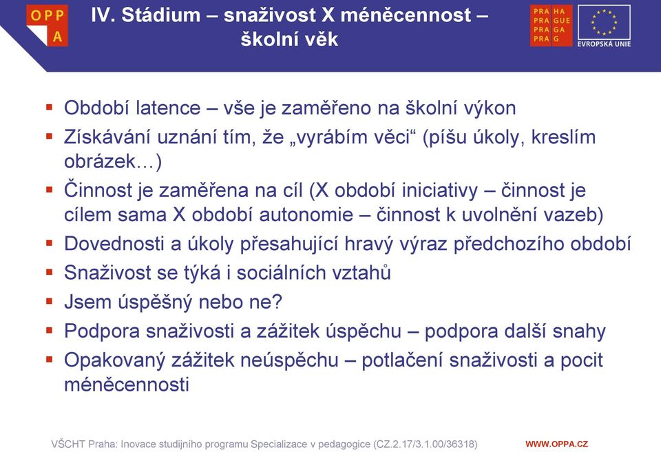 uvolnění vazeb) Dovednosti a úkoly přesahující hravý výraz předchozího období Snaživost se týká i sociálních vztahů Jsem úspěšný