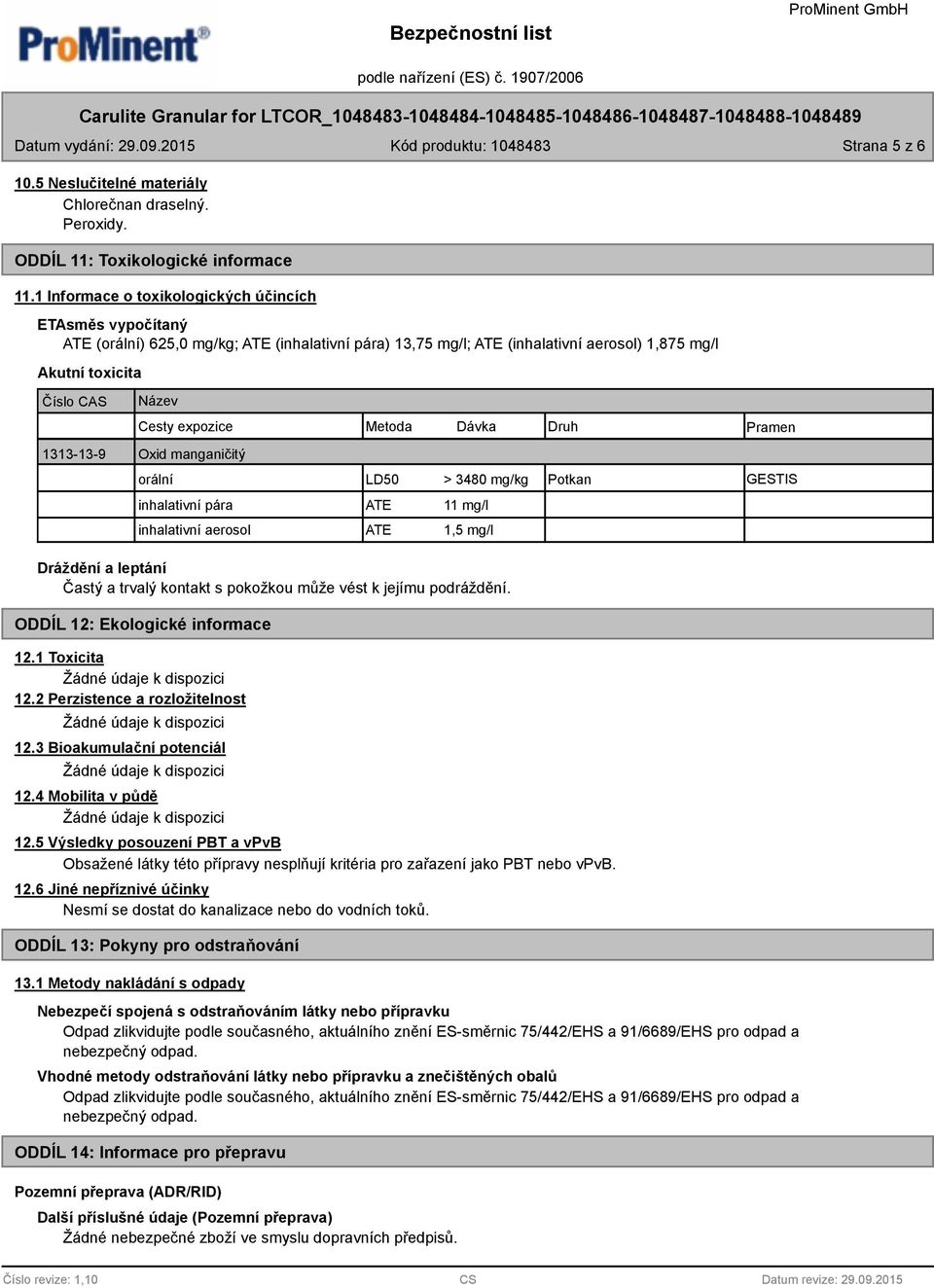 expozice Metoda Dávka Druh Pramen 1313-13-9 Oxid manganičitý orální inhalativní pára ATE 11 mg/l inhalativní aerosol ATE 1,5 mg/l Dráždění a leptání Častý a trvalý kontakt s pokožkou může vést k