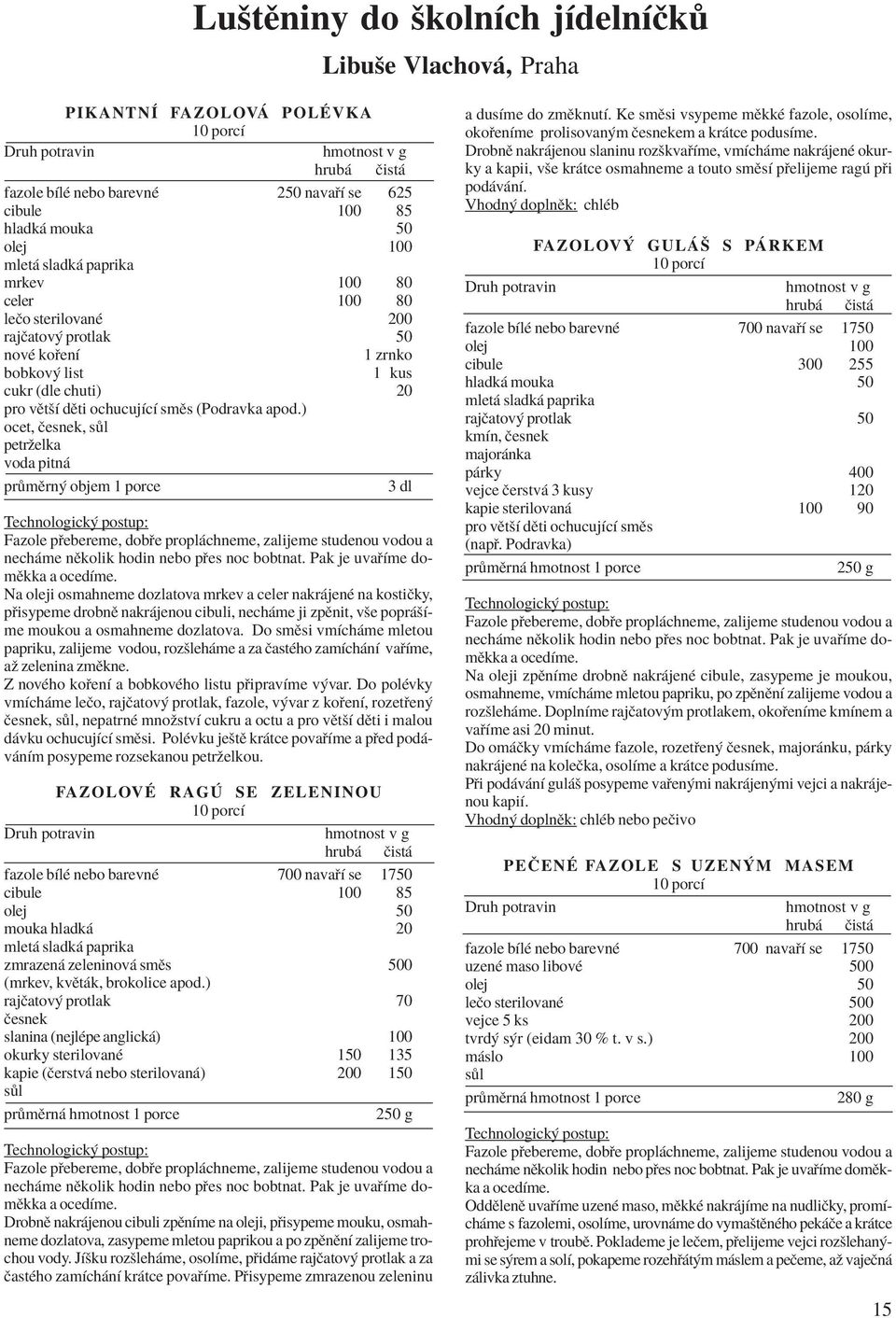 ) ocet, Ëesnek, s l petrûelka voda pitn pr mïrn objem 1 porce 3 dl Technologick postup: Fazole p ebereme, dob e propl chneme, zalijeme studenou vodou a nech me nïkolik hodin nebo p es noc bobtnat.