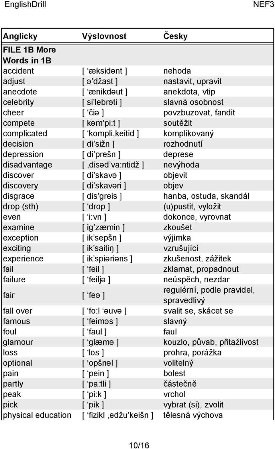 skavə ] objevit discovery [ di skavəri ] objev disgrace [ dis greis ] hanba, ostuda, skandál drop (sth) [ drop ] (u)pustit, vyložit even [ i:vn ] dokonce, vyrovnat examine [ ig zæmin ] zkoušet