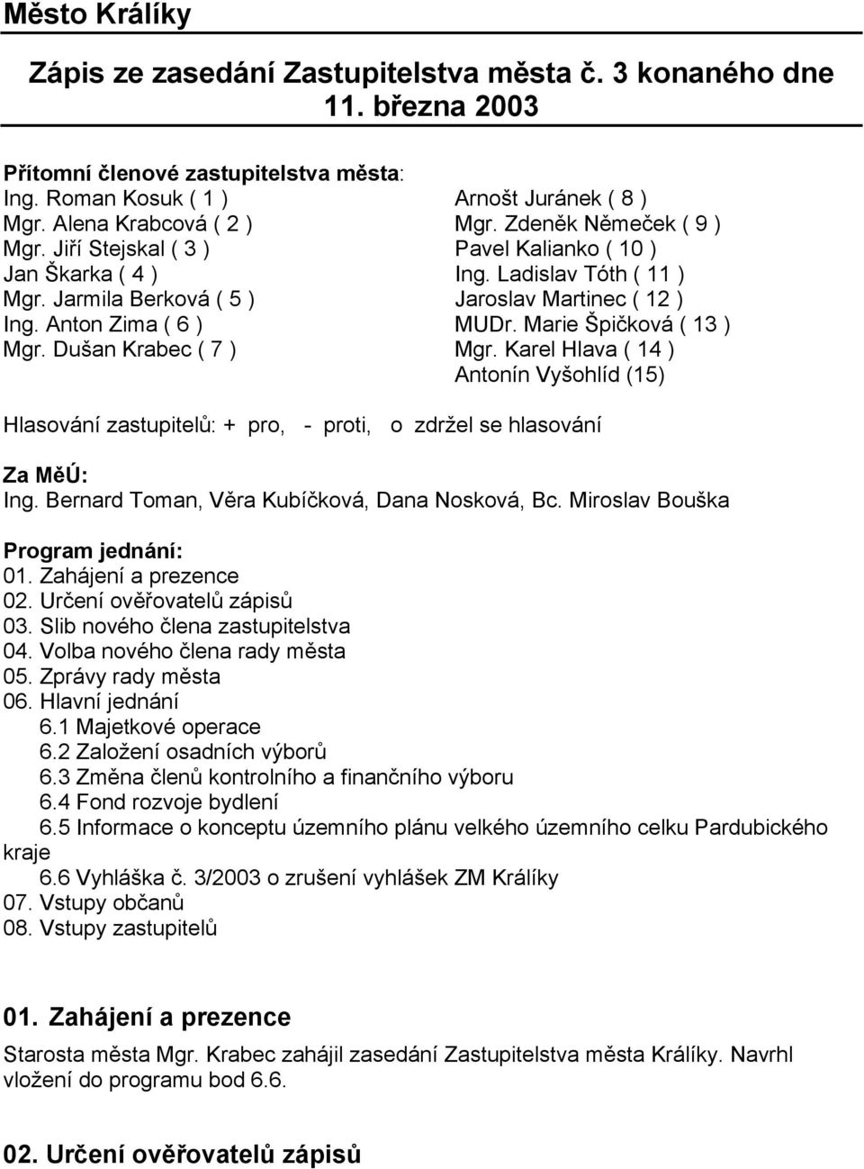 Marie Špičková ( 13 ) Mgr. Dušan Krabec ( 7 ) Mgr. Karel Hlava ( 14 ) Antonín Vyšohlíd (15) Hlasování zastupitelů: + pro, - proti, o zdržel se hlasování Za MěÚ: Ing.