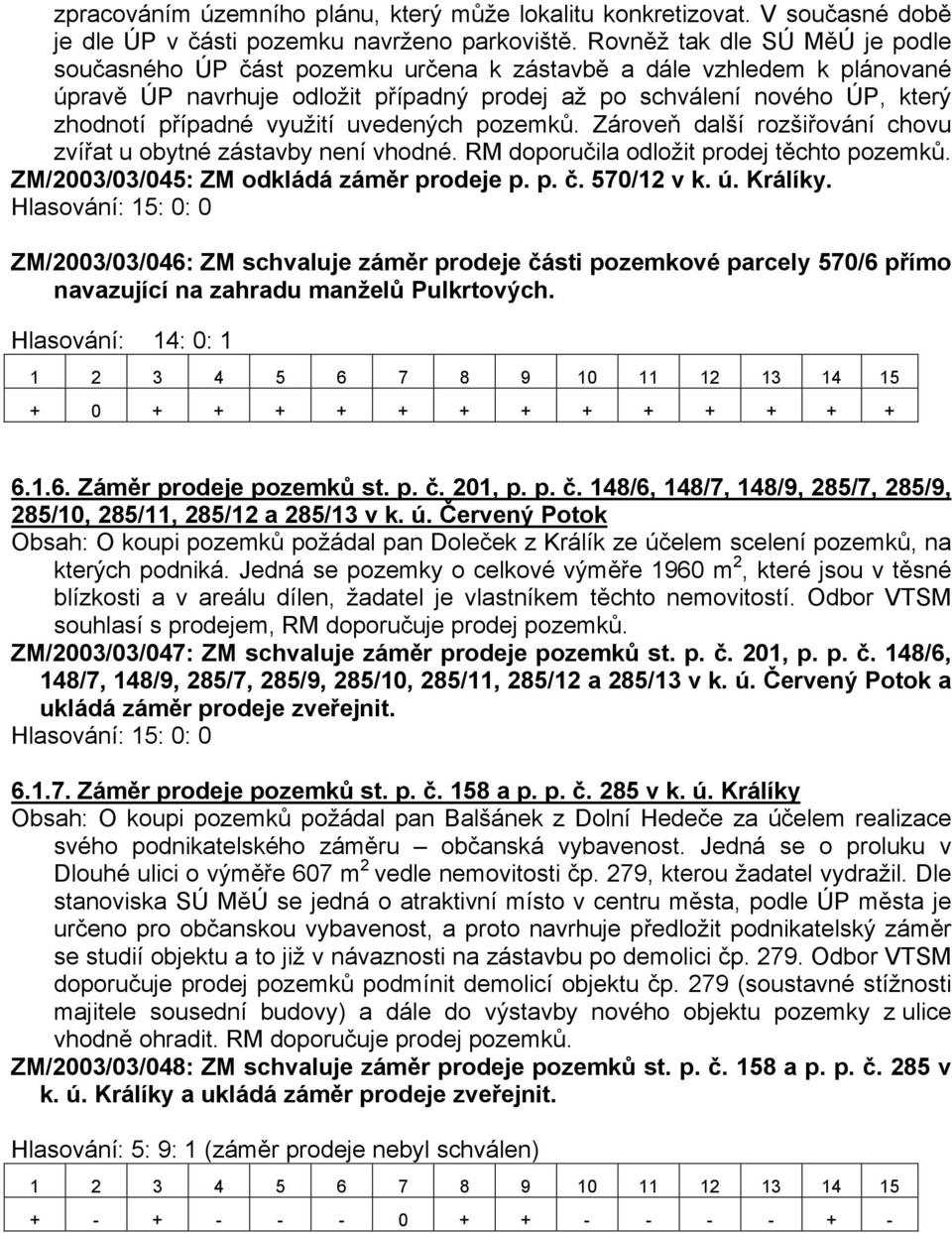 využití uvedených pozemků. Zároveň další rozšiřování chovu zvířat u obytné zástavby není vhodné. RM doporučila odložit prodej těchto pozemků. ZM/2003/03/045: ZM odkládá záměr prodeje p. p. č.