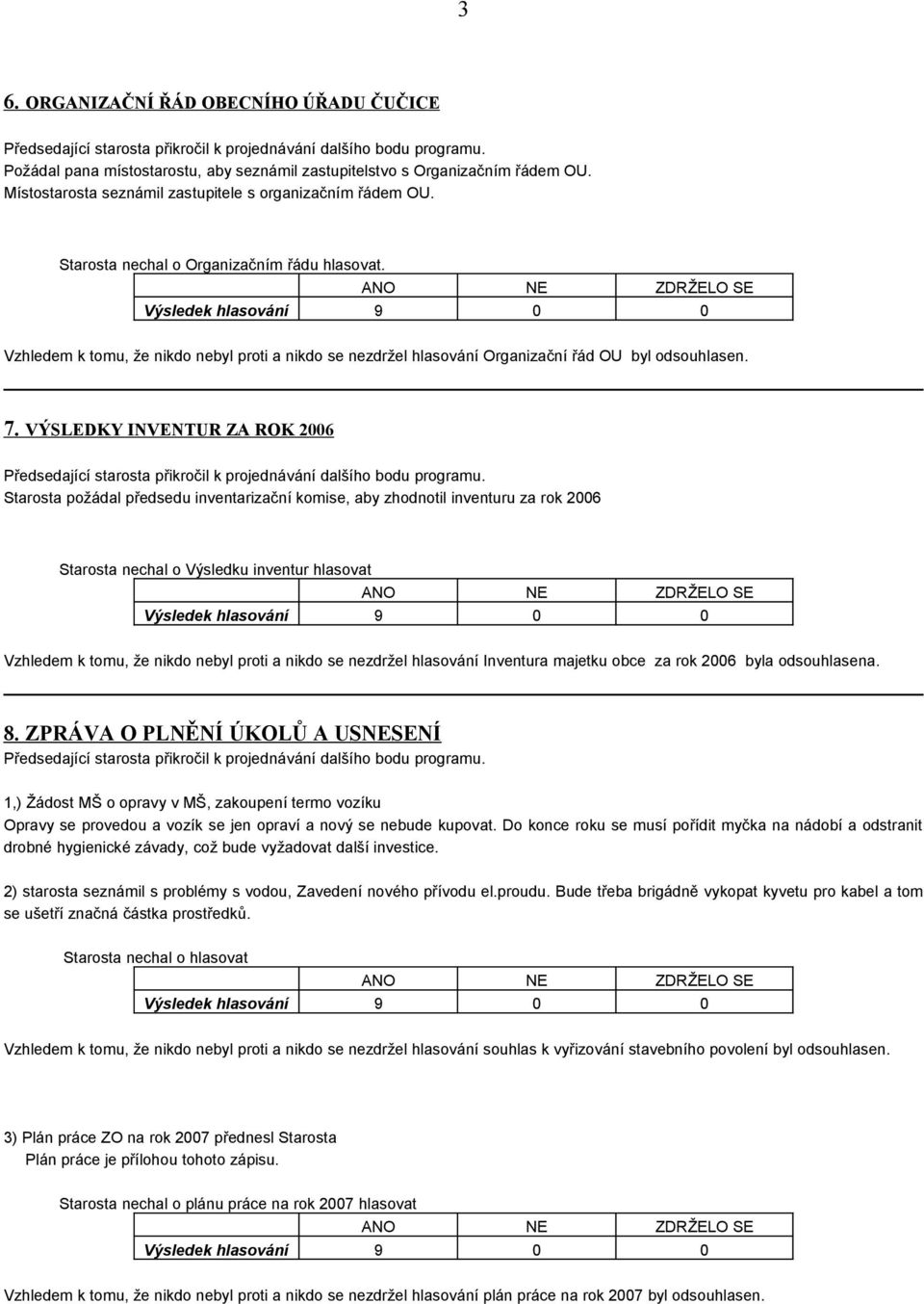 VÝSLEDKY INVENTUR ZA ROK 2006 Starosta požádal předsedu inventarizační komise, aby zhodnotil inventuru za rok 2006 Starosta nechal o Výsledku inventur hlasovat Vzhledem k tomu, že nikdo nebyl proti a