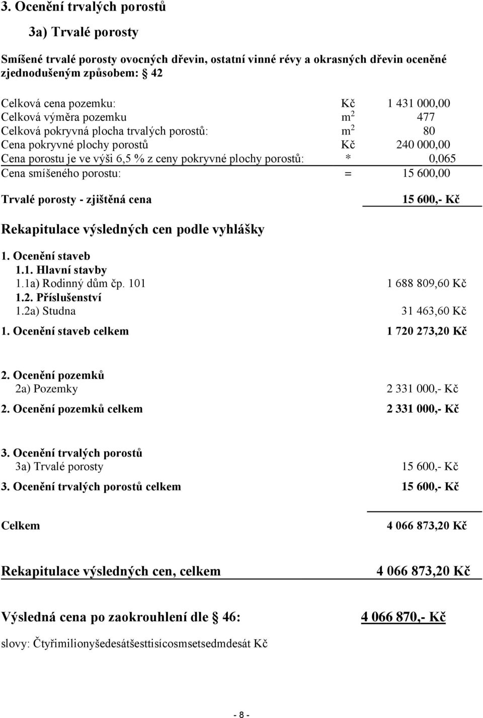 smíšeného porostu: = 15 600,00 Trvalé porosty - zjištěná cena 15 600,- Kč Rekapitulace výsledných cen podle vyhlášky 1. Ocenění staveb 1.1. Hlavní stavby 1.1a) Rodinný dům čp. 101 1.2.