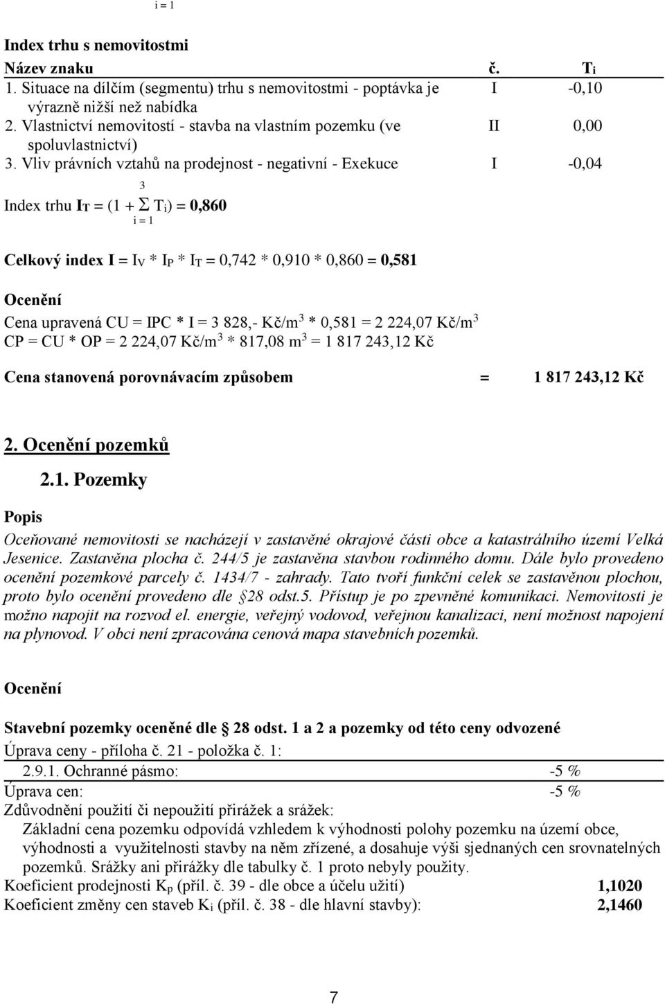 Vliv právních vztahů na prodejnost - negativní - Exekuce I -0,04 3 Index trhu IT = (1 + Ti) = 0,860 i = 1 Celkový index I = IV * IP * IT = 0,742 * 0,910 * 0,860 = 0,581 Ocenění Cena upravená CU = IPC