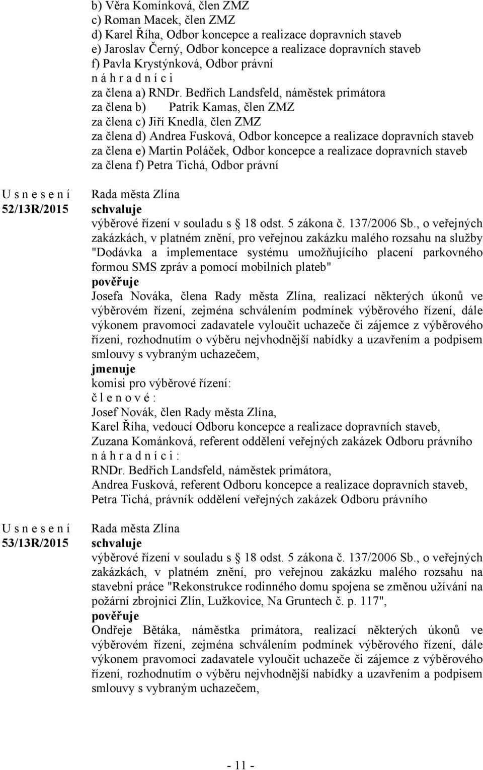 Bedřich Landsfeld, náměstek primátora za člena b) Patrik Kamas, člen ZMZ za člena c) Jiří Knedla, člen ZMZ za člena d) Andrea Fusková, Odbor koncepce a realizace dopravních staveb za člena e) Martin