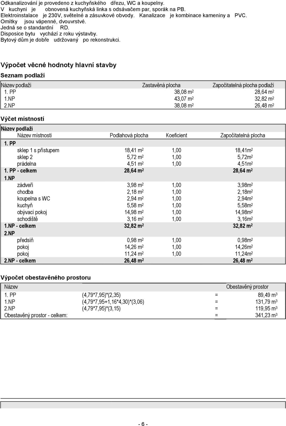 Výpočet věcné hodnoty hlavní stavby Seznam podlaží Název podlaží Zastavěná plocha Započitatelná plocha podlaží 1. PP 38,08 m 2 28,64 m 2 1.NP 43,07 m 2 32,82 m 2 2.