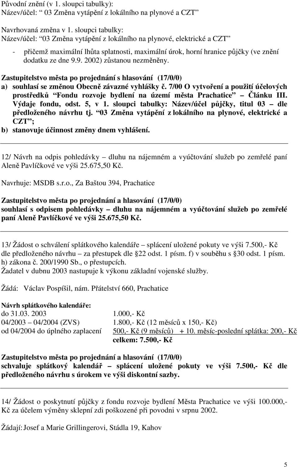 9. 2002) zůstanou nezměněny. Zastupitelstvo města po projednání s hlasování (17/0/0) a) souhlasí se změnou Obecně závazné vyhlášky č.