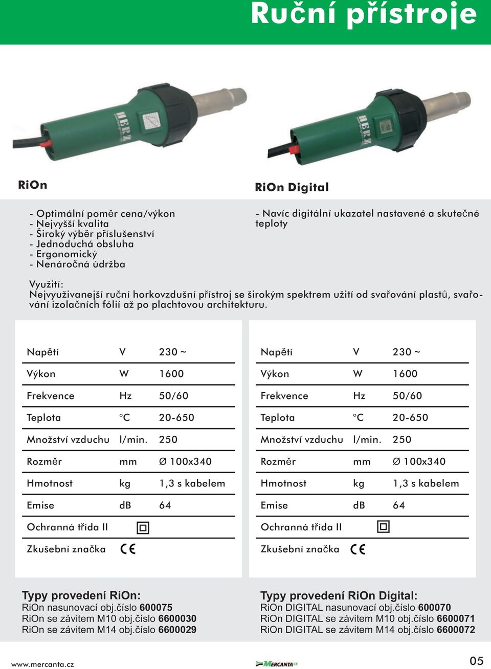 Výkon W 1600 Teplota C 20-650 Množství vzduchu l/min. 250 Rozmìr mm Ø 100x340 Hmotnost kg 1,3 s kabelem Emise db 64 Zkušební znaèka Výkon W 1600 Teplota C 20-650 Množství vzduchu l/min.