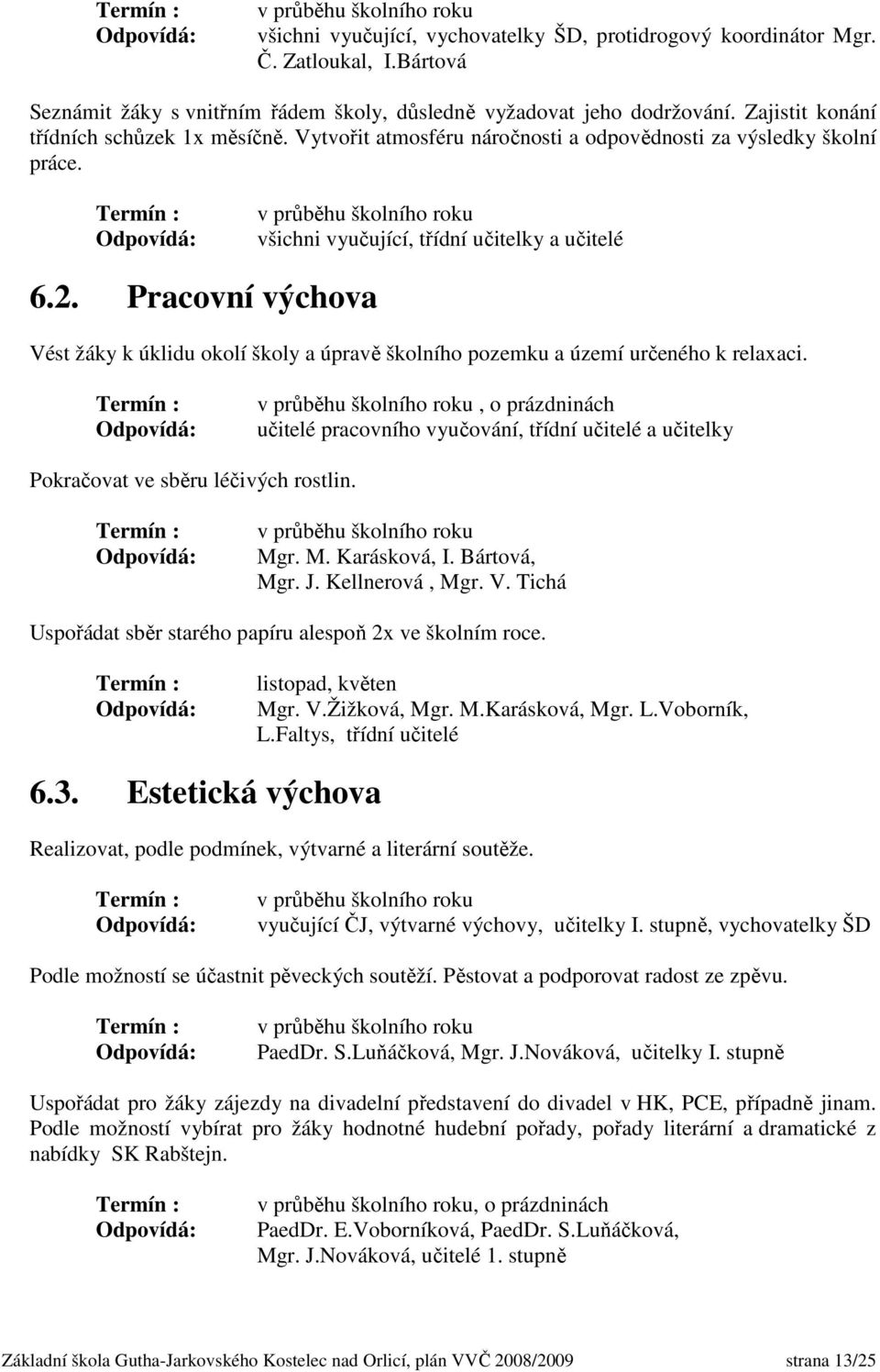 Pracovní výchova Vést žáky k úklidu okolí školy a úpravě školního pozemku a území určeného k relaxaci.