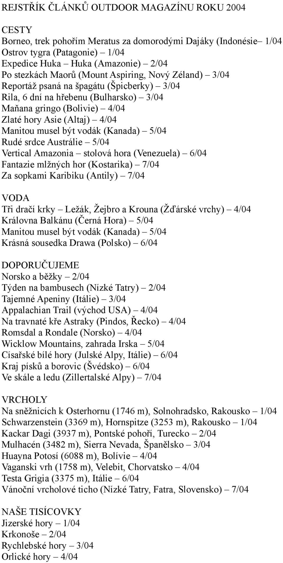 (Kanada) 5/04 Rudé srdce Austrálie 5/04 Vertical Amazonia stolová hora (Venezuela) 6/04 Fantazie mlžných hor (Kostarika) 7/04 Za sopkami Karibiku (Antily) 7/04 VODA Tři dračí krky Ležák, Žejbro a