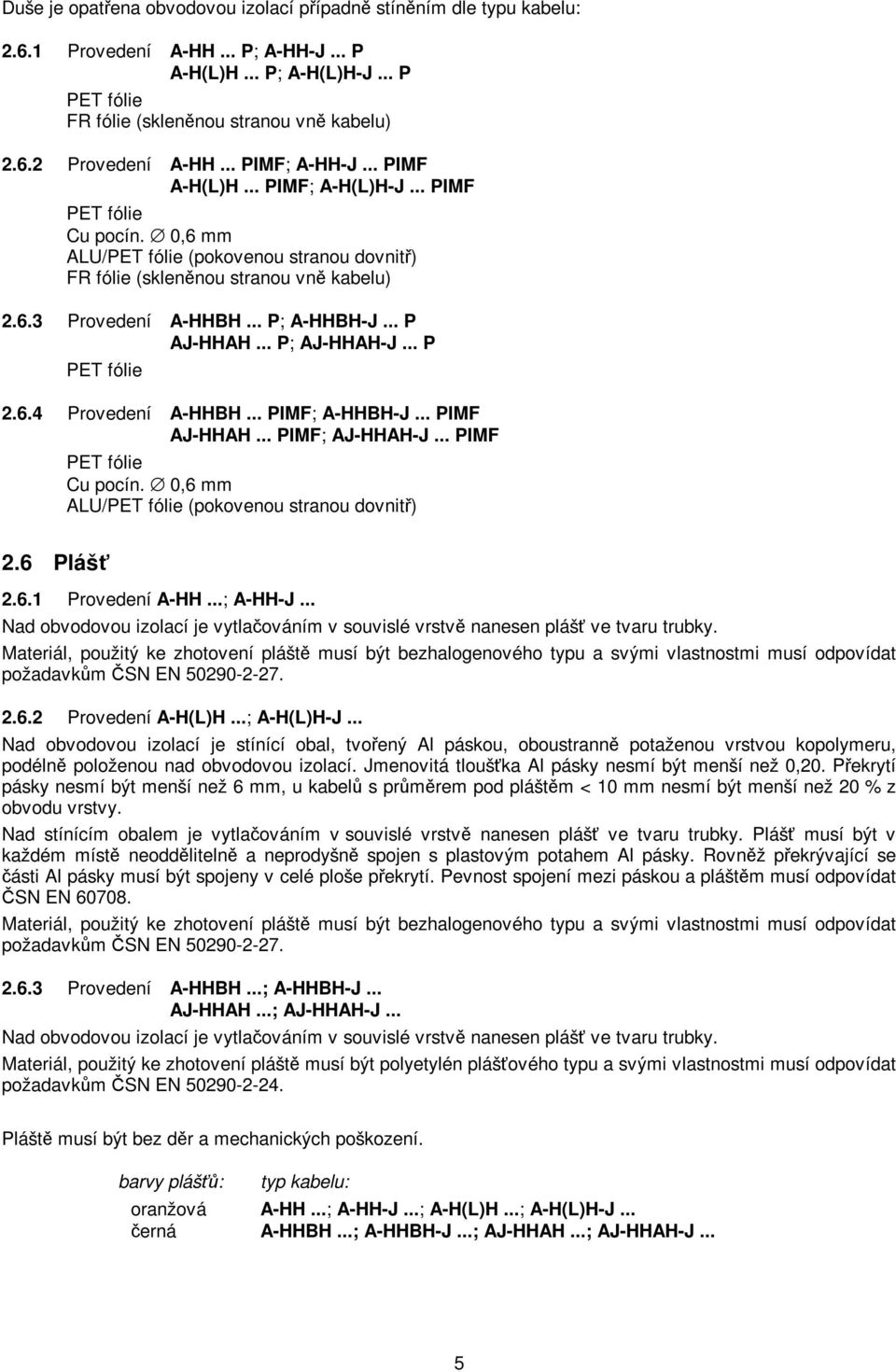.. P AJHHAH... P; AJHHAHJ... P PET fólie 2.6.4 Provedení AHHBH... PIMF; AHHBHJ... PIMF AJHHAH... PIMF; AJHHAHJ... PIMF PET fólie Cu pocín. 0,6 mm ALU/PET fólie (pokovenou stranou dovnitř) 2.6 Plášť 2.
