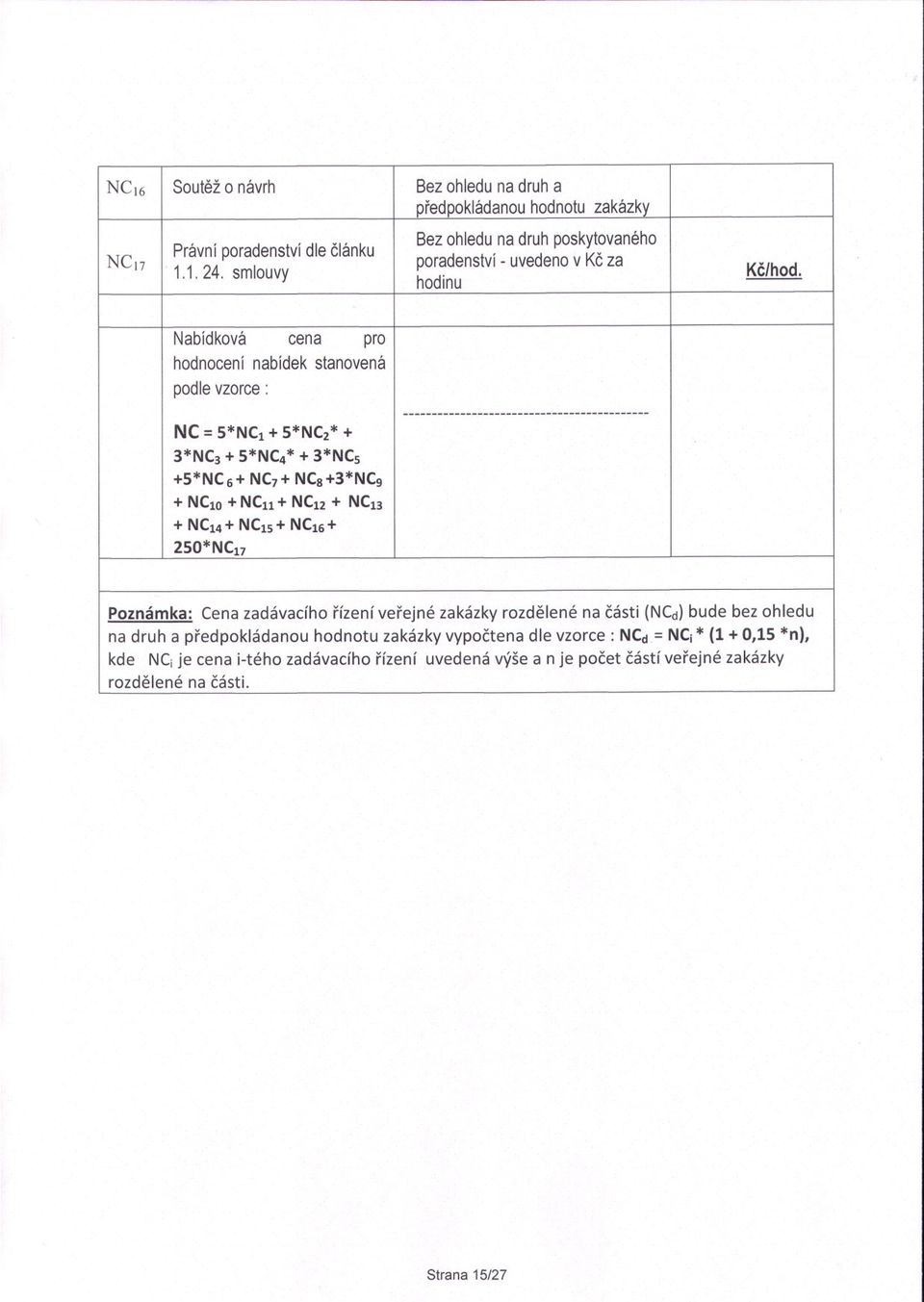 Nabídková cena pro hodnocenínabídekstanovená podlevzorce: NC =5*NCl + 5*NC2* + 3*NC3+ 5*NC4* + 3*NCs +5*NC6+ NC7+ NCs+3*NCg + NC10+ NCll + NC12+ NC13 + NC14+ NC1S+ NC16+ 250*