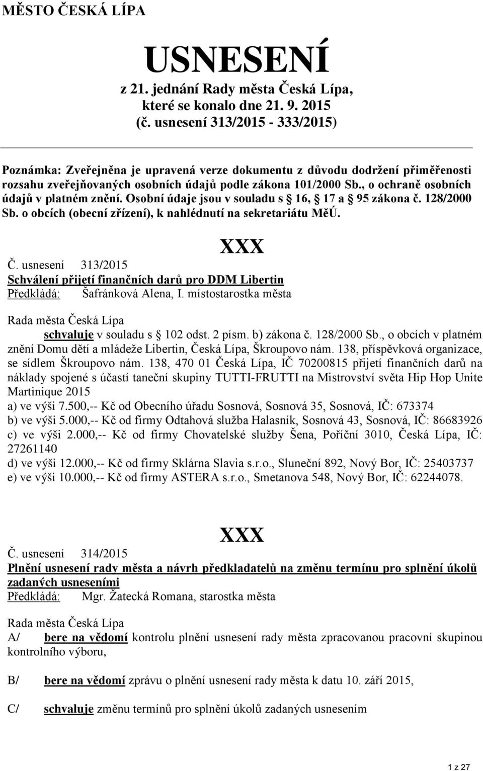 , o ochraně osobních údajů v platném znění. Osobní údaje jsou v souladu s 16, 17 a 95 zákona č. 128/2000 Sb. o obcích (obecní zřízení), k nahlédnutí na sekretariátu MěÚ. Č.