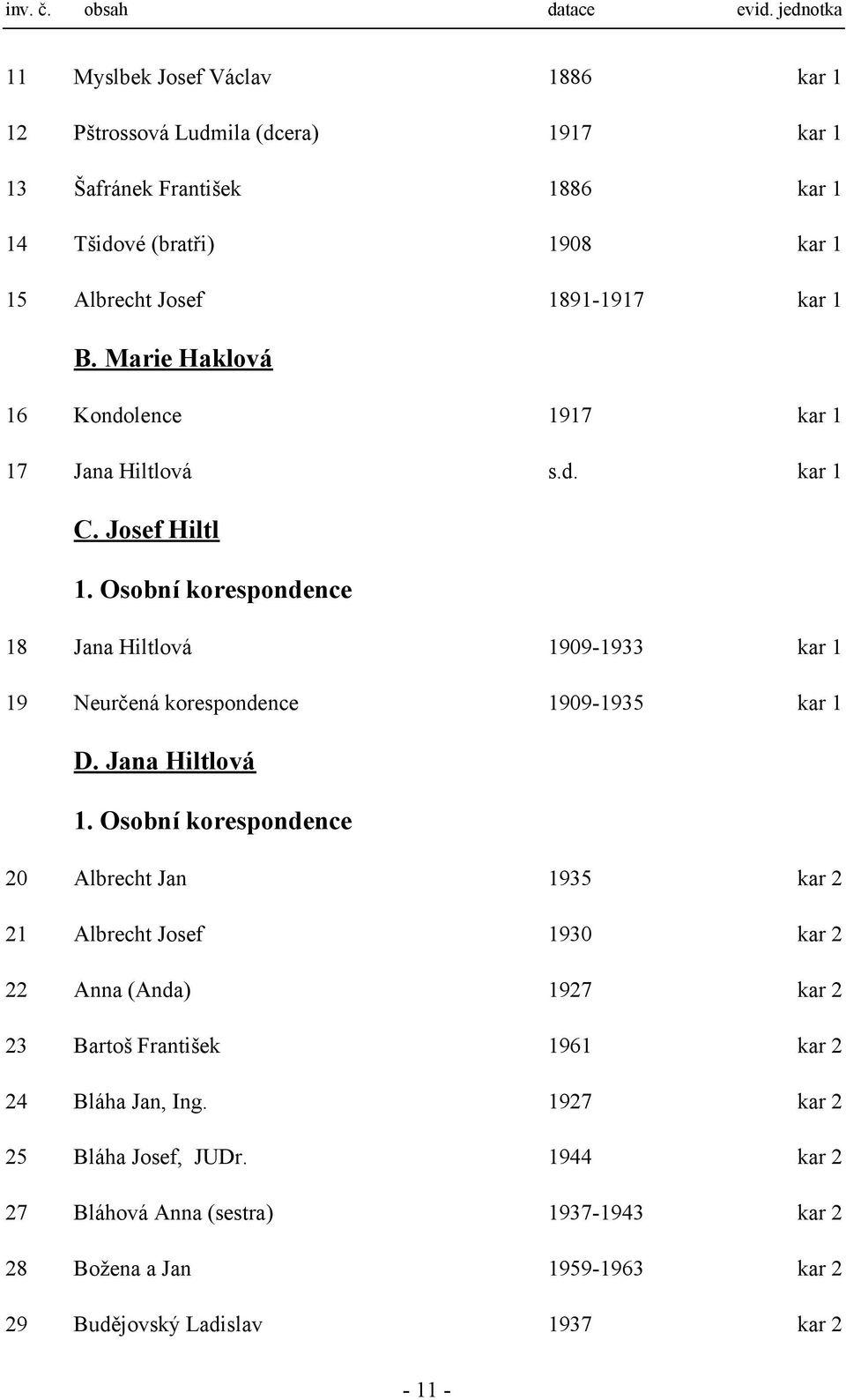 1 B. Marie Haklová 16 Kondolence 1917 kar 1 17 Jana Hiltlová s.d. kar 1 C. Josef Hiltl 1.