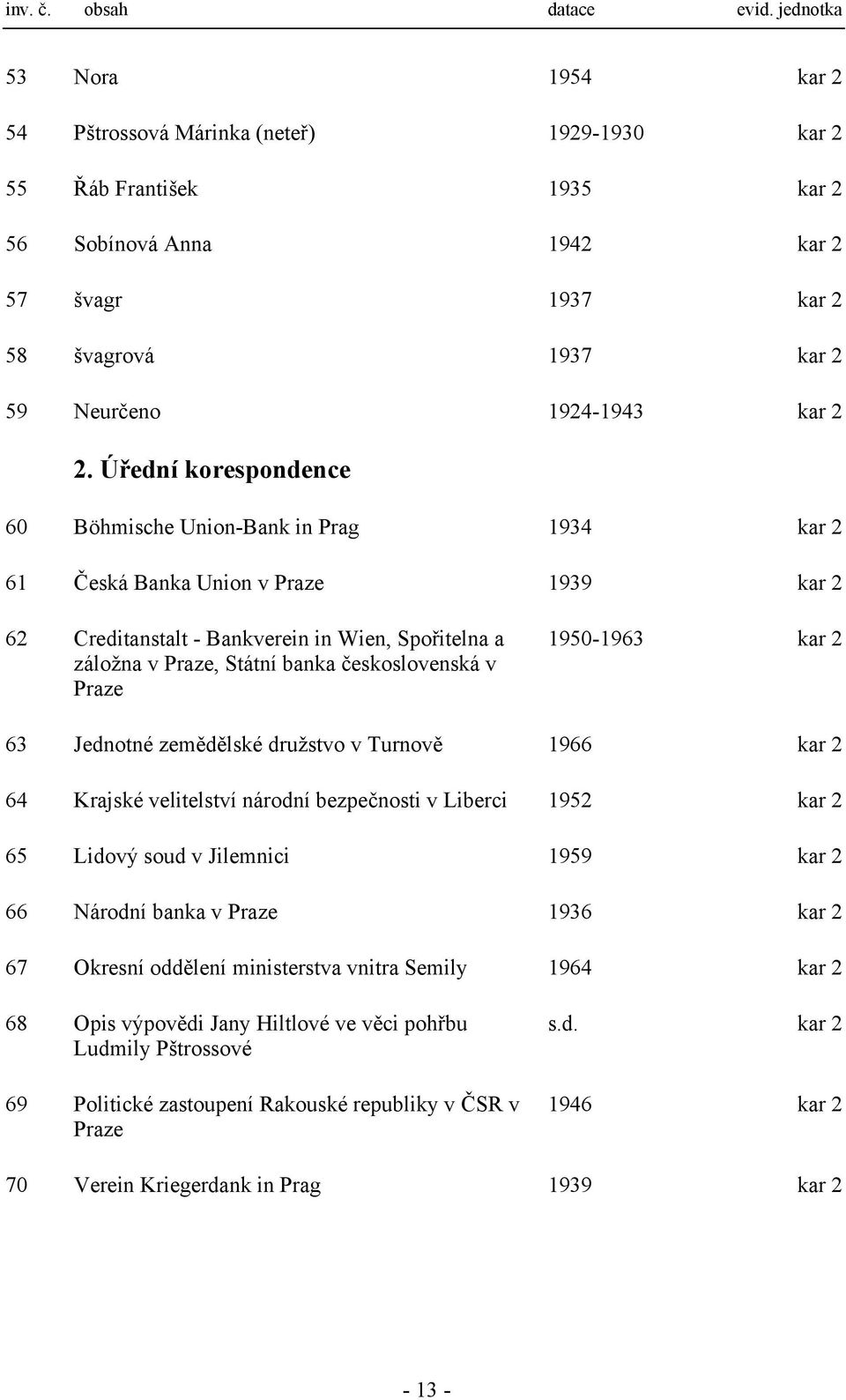 2 2. Úřední korespondence 60 Böhmische Union-Bank in Prag 1934 kar 2 61 Česká Banka Union v Praze 1939 kar 2 62 Creditanstalt - Bankverein in Wien, Spořitelna a záložna v Praze, Státní banka