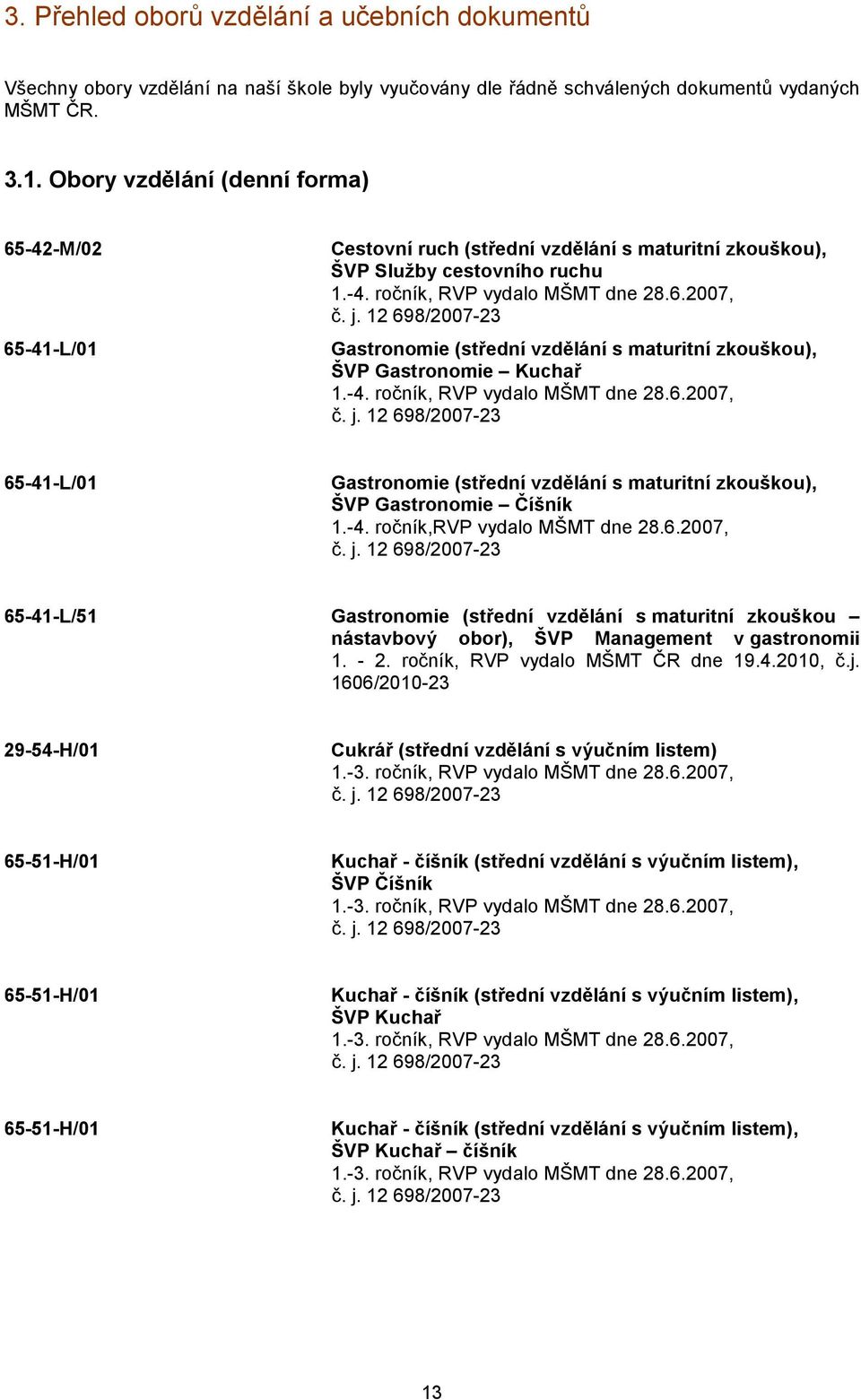 12 698/2007-23 Gastronomie (střední vzdělání s maturitní zkouškou), ŠVP Gastronomie Kuchař 1.-4. ročník, RVP vydalo MŠMT dne 28.6.2007, č. j.