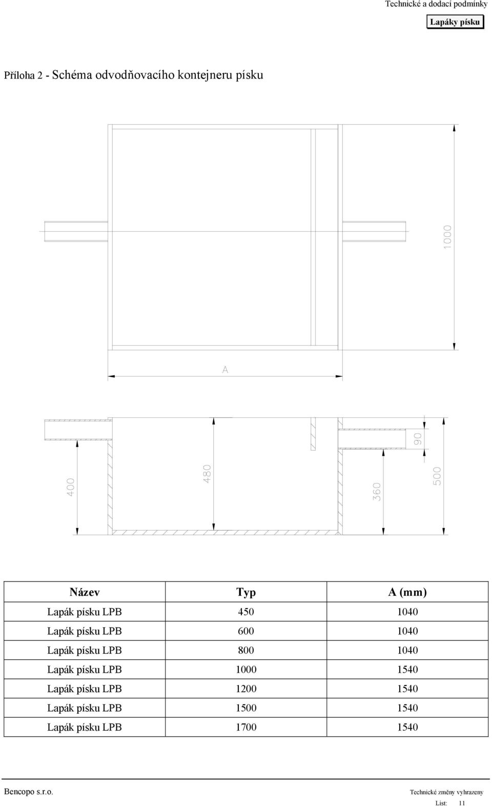 písku LPB 800 1040 Lapák písku LPB 1000 1540 Lapák písku LPB