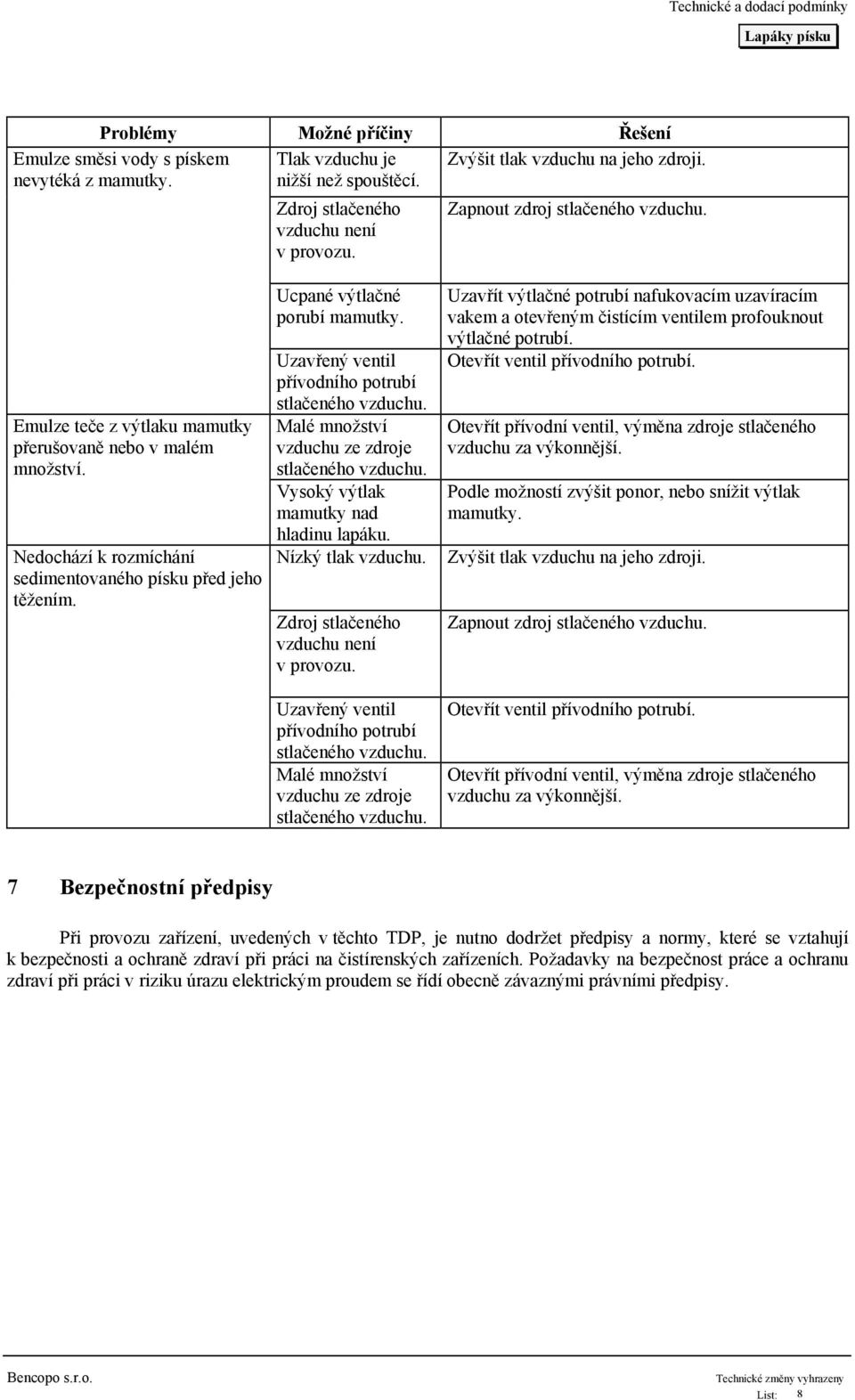 Uzavřený ventil přívodního potrubí stlačeného vzduchu. Malé množství vzduchu ze zdroje stlačeného vzduchu. Vysoký výtlak mamutky nad hladinu lapáku. Nízký tlak vzduchu.