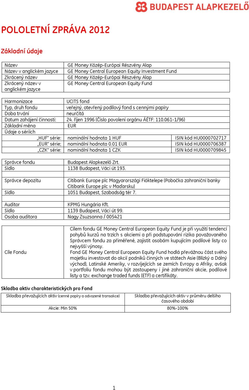 zahájení činnosti: 24. říjen 1996 (Číslo povolení orgánu ÁÉTF: 110.061-1/96) Základní měna EUR Údaje o sériích HUF série: nominální hodnota 1 HUF ISIN kód HU0000702717 EUR série; nominální hodnota 0.