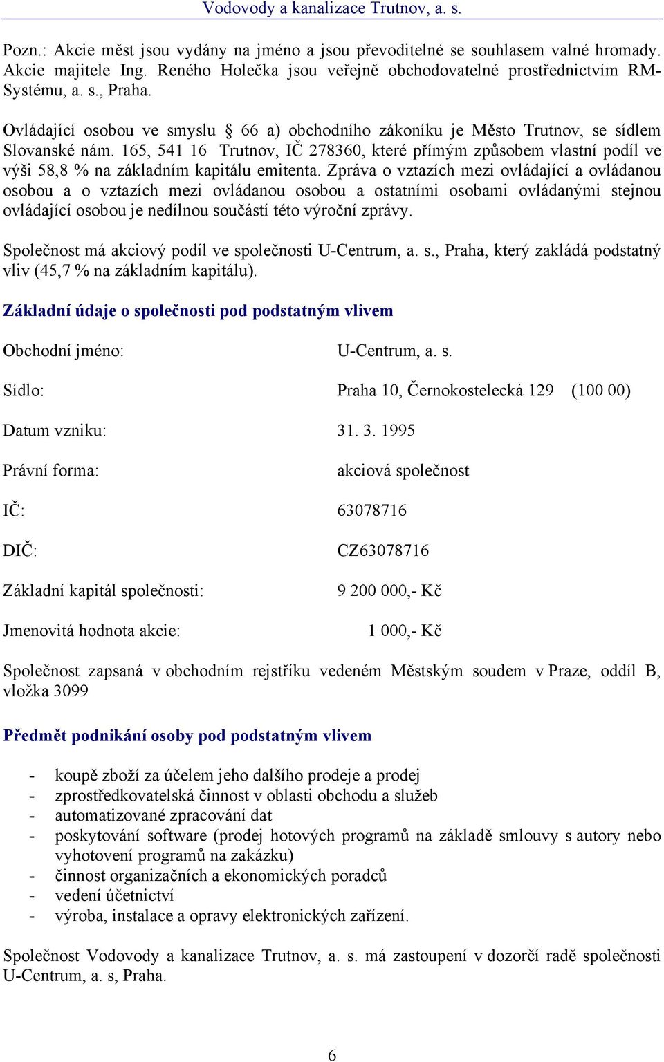 165, 541 16 Trutnov, IČ 278360, které přímým způsobem vlastní podíl ve výši 58,8 % na základním kapitálu emitenta.