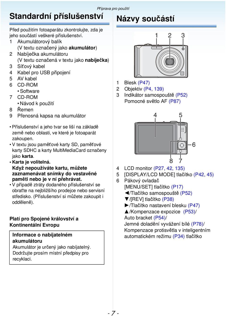 CD-ROM Návod k použití 8 Řemen 9 Přenosná kapsa na akumulátor Příprava pro použití Názvy součástí 1 2 3 1 Blesk (P47) 2 Objektiv (P4, 139) 3 Indikátor samospouště (P52) Pomocné světlo AF (P87) 4 5