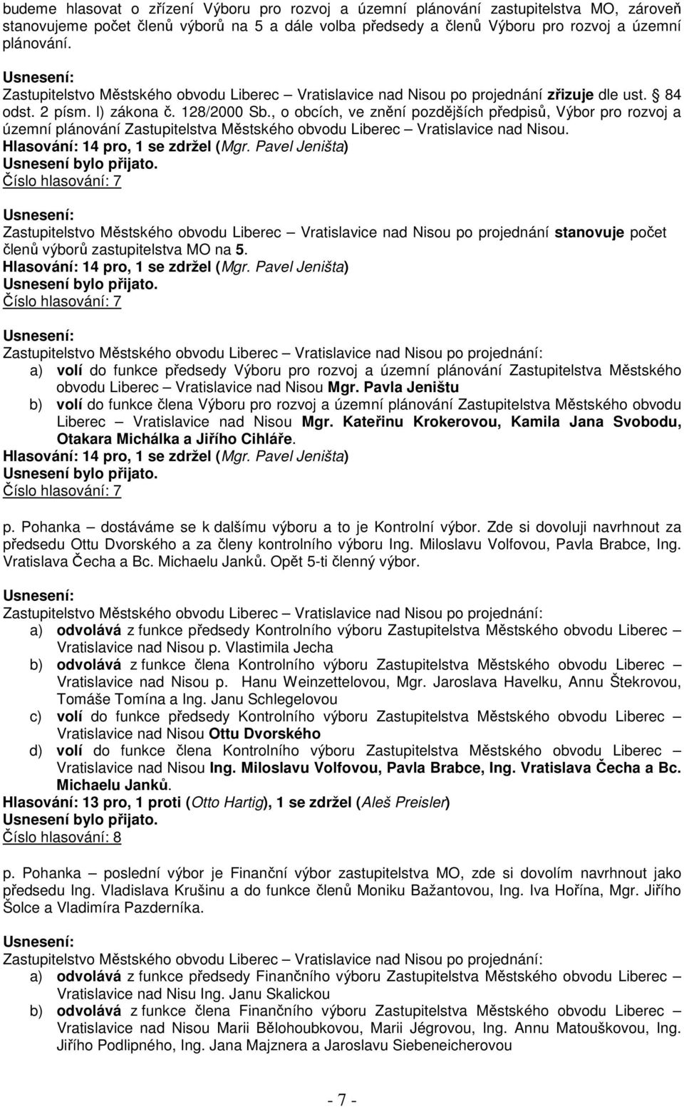 , o obcích, ve znění pozdějších předpisů, Výbor pro rozvoj a územní plánování Zastupitelstva Městského obvodu Liberec Vratislavice nad Nisou. Hlasování: 14 pro, 1 se zdržel (Mgr.