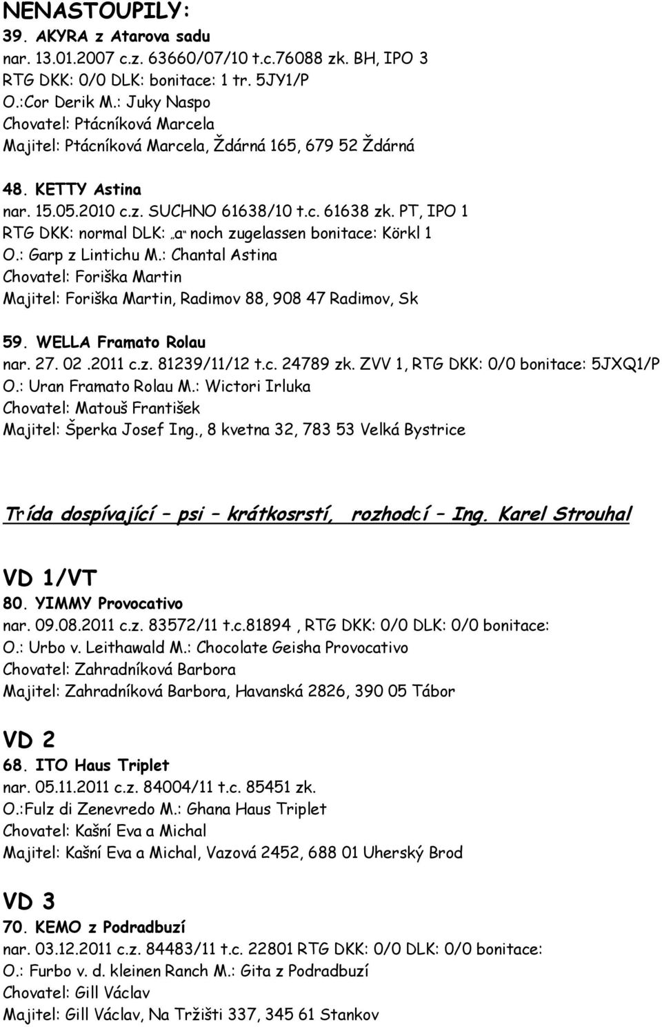 PT, IPO 1 RTG DKK: normal DLK: a noch zugelassen bonitace: Körkl 1 O.: Garp z Lintichu M.: Chantal Astina Chovatel: Foriška Martin Majitel: Foriška Martin, Radimov 88, 908 47 Radimov, Sk 59.