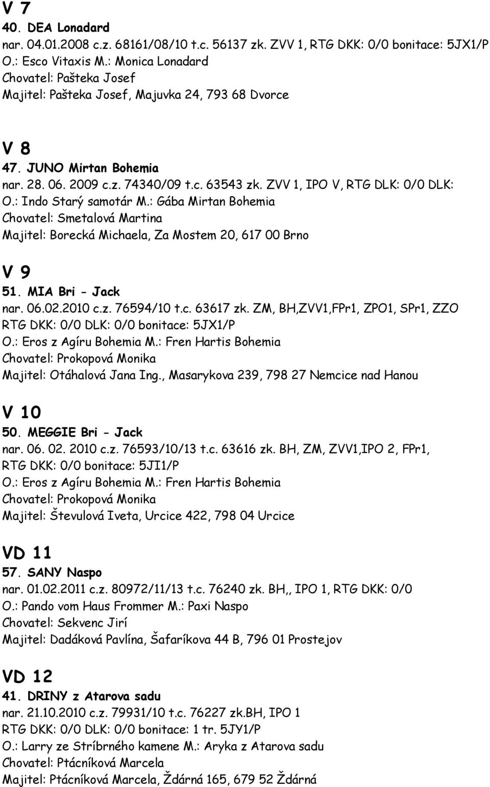 ZVV 1, IPO V, RTG DLK: 0/0 DLK: O.: Indo Starý samotár M.: Gába Mirtan Bohemia Chovatel: Smetalová Martina Majitel: Borecká Michaela, Za Mostem 20, 617 00 Brno V 9 51. MIA Bri - Jack nar. 06.02.