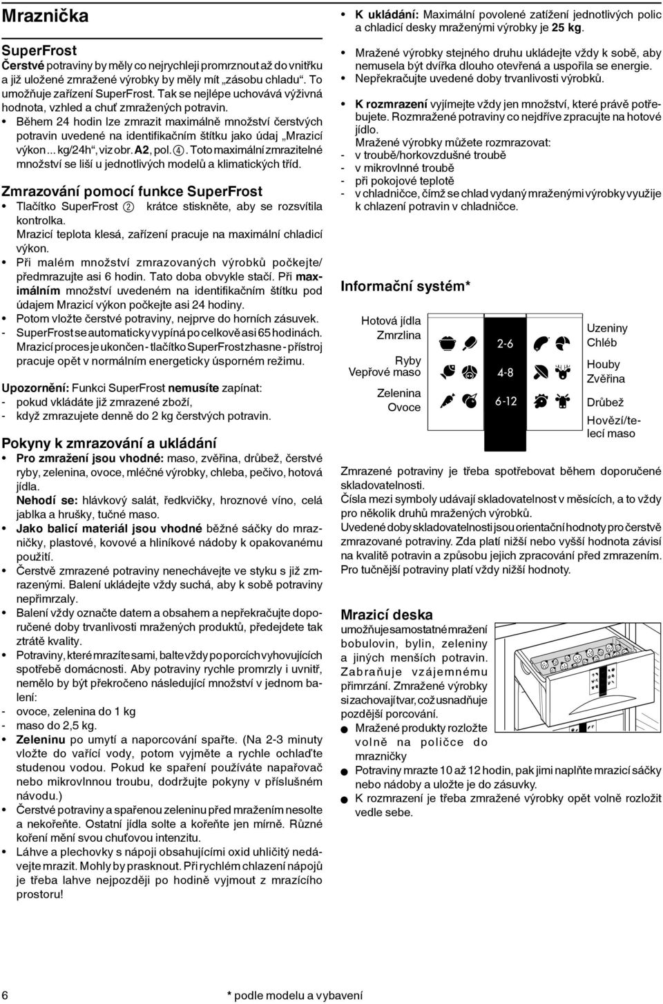 .. kg/4h, viz obr. A, pol. 4. Toto maximální zmrazitelné množství se liší u jednotlivých modelů a klimatických tříd.